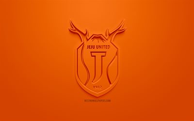 Jeju United FC, creative 3D logo, orange background, 3d emblem, South Korean football club, K League 1, Jeju, South Korea, 3d art, football, stylish 3d logo