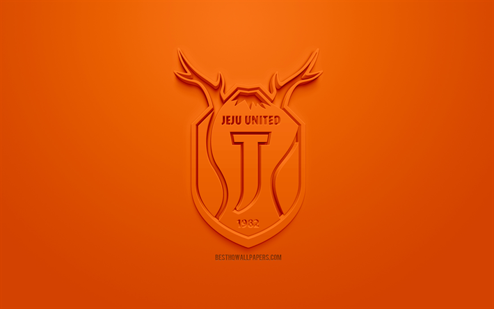 jeju united fc, kreative 3d-logo, orange, hintergrund, 3d, emblem, south korean football club, k-league 1, jeju, s&#252;d-korea, 3d-kunst, fu&#223;ball, stylische 3d-logo