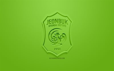 Jeonbuk Hyundai Motors FC, luova 3D logo, vihre&#228; tausta, 3d-tunnus, Etel&#228;-Korean football club, K-League 1, Jeonju, Etel&#228;-Korea, 3d art, jalkapallo, tyylik&#228;s 3d logo