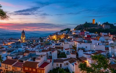 Malaga, Alcazaba de M&#225;laga, noite, paisagem urbana, bela cidade, Espanha