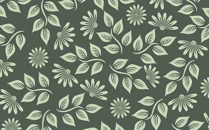 floral green texture, green background with flowers, retro green texture, flower ornaments