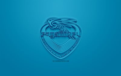 Sagan Tosu FC, creative 3D logo, blue background, 3d emblem, Japanese football club, J1 League, Tosu, Japan, 3d art, football, stylish 3d logo