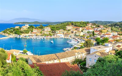 Corfu, ilha, ver&#227;o, bay, bela cidade, Gr&#233;cia, iates