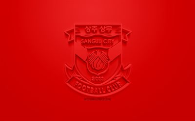 sangju sangmu fc, kreative 3d-logo, roter hintergrund, 3d-emblem, south korean football club, k-league 1, sangju, korea, 3d-kunst, fu&#223;ball, stylische 3d-logo