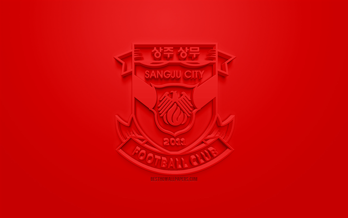 sangju sangmu fc, kreative 3d-logo, roter hintergrund, 3d-emblem, south korean football club, k-league 1, sangju, korea, 3d-kunst, fu&#223;ball, stylische 3d-logo