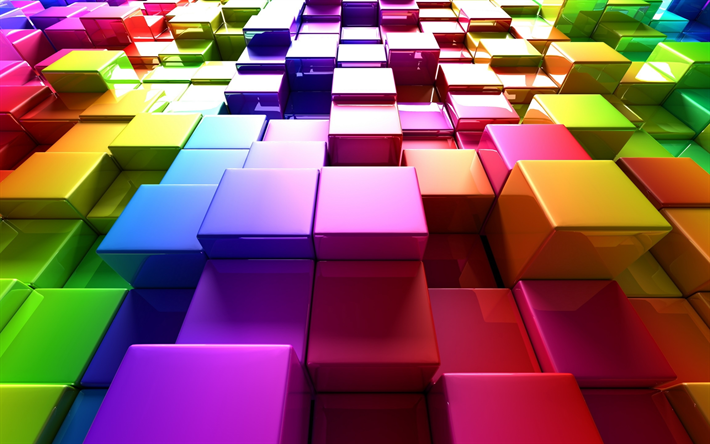 coloridos cubos, 4k, 3D, arte, colorido plazas, rejilla 3d, cubos, cubos de patr&#243;n, cubos de textura, colorido cubos de textura