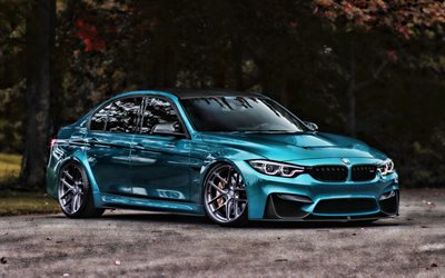 BMW M3, parking, F80, HDR, tunned m3, supercars, tuning, blue m3, german cars, blue f80, BMW