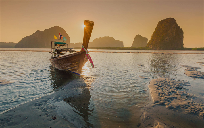 Phuket, la isla tropical, mar, turismo, puesta de sol, barco, los conceptos de viaje, Tailandia