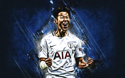 Oğlum Heung-min, Tottenham Hotspur FC, G&#252;ney Koreli futbolcu, forvet, portre, mavi taş, arka plan, İngiltere, futbol