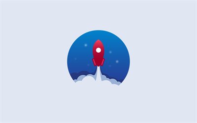 Startup Rocket, business concepts, gray background, red rocket, rocket taking off, Startup