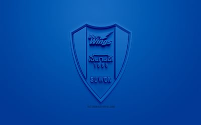 Suwon Samsung Bluewings, yaratıcı 3D logosu, mavi arka plan, 3d amblem, G&#252;ney Kore Futbol Kul&#252;b&#252;, K 1 Lig, Suwon, G&#252;ney Kore, 3d sanat, futbol, 3d logo şık