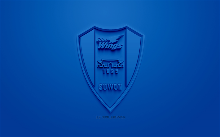 Suwon Samsung Bluewings, yaratıcı 3D logosu, mavi arka plan, 3d amblem, G&#252;ney Kore Futbol Kul&#252;b&#252;, K 1 Lig, Suwon, G&#252;ney Kore, 3d sanat, futbol, 3d logo şık