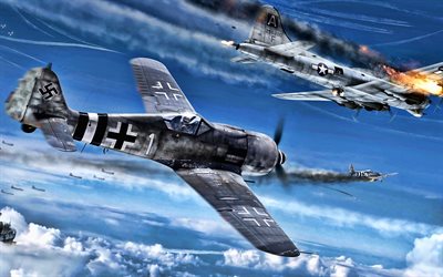 Focke-Wulf Fw 190, Boeing B-17 Flying Fortress, battle, Luftwaffe vs US Air Force, World War II, fighter vs bomber