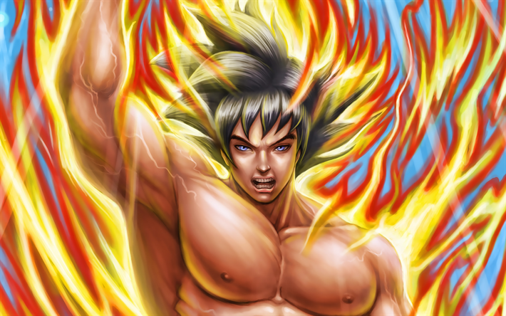 Son Goku, fuoco, fiamme, 4k, 2019, DBS personaggi, opere d&#39;arte, DBS, il Super Sayan Dio, la rabbia goku, Dragon Ball Super, manga, Dragon Ball, Goku