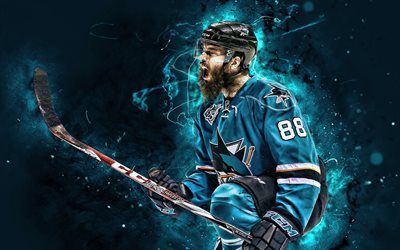 Brent Burns, 4k, hockey stj&#228;rnor, San Jose Sharks, NHL, hockey spelare, Burns, hockey, neon lights, USA