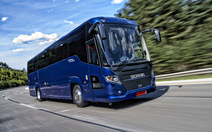 Scania Touring, 2019, large passenger bus, tourist bus, new blue Scania, passenger transport, buses, Scania