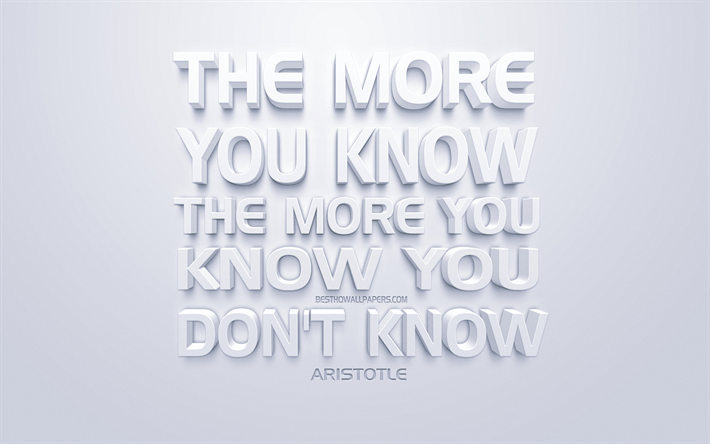 Ju mer du vet desto mer vet du att du inte vet, Aristoteles citat, vita 3d-konst, citat om m&#228;nniskor, popul&#228;ra citat, inspiration, vit bakgrund, motivation