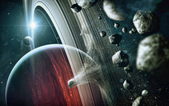 Saturne, ast&#233;ro&#239;des, art num&#233;rique, de la galaxie, plan&#232;te mauve, sci-fi, de l&#39;univers, de la NASA, les plan&#232;tes, Saturne &#224; partir de l&#39;espace