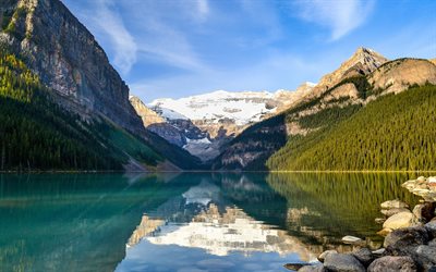 Lake Louise, lago di montagna, primavera, paesaggio di montagna, paesaggio, Montagne Rocciose, Alberta, Canada, Parco Nazionale di Banff
