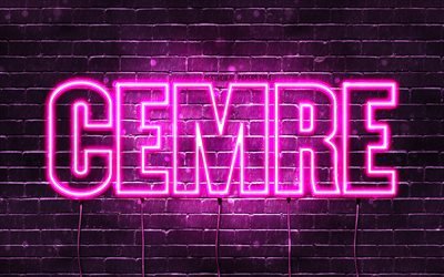 Cemre, 4k, pap&#233;is de parede com nomes, nomes femininos, nome do Cemre, luzes de n&#233;on roxas, Happy Birthday Cemre, nomes femininos turcos populares, imagem com o nome do Cemre