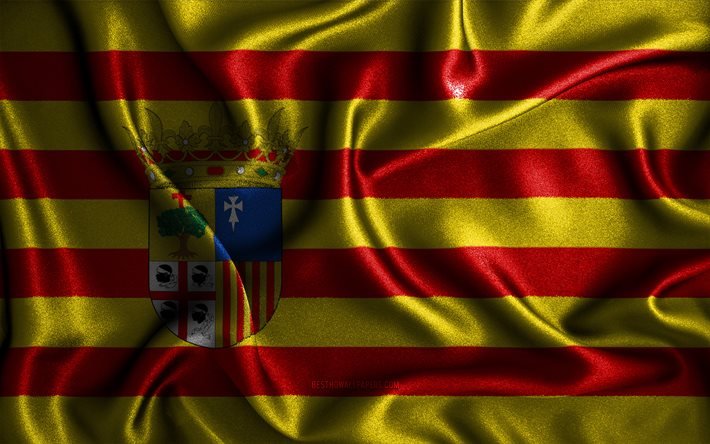 Aragon flag, 4k, silk wavy flags, Communities of Spain, Flag of Aragon, fabric flags, 3D art, spanish communities, Aragon, Spain, Aragon 3D flag