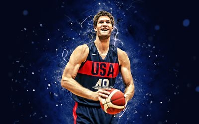 Brook Lopez, 4k, ABD Basketbol Erkek Milli Takımı, mavi neon ışıkları, basketbol, Brook Robert Lopez, ABD erkek milli basketbol takımı, yaratıcı, Brook Lopez 4K