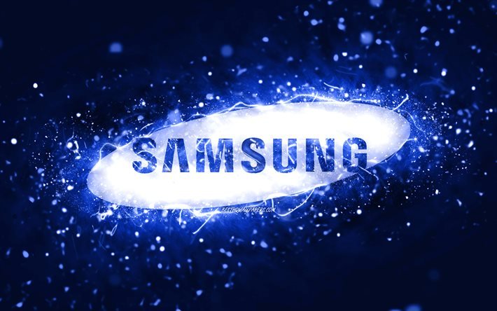 Samsung dark blue logo, 4k, dark blue neon lights, creative, dark blue abstract background, Samsung logo, brands, Samsung