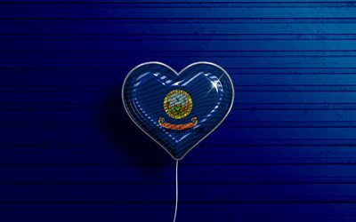 Amo Idaho, 4k, palloncini realistici, fondo di legno blu, Stati Uniti d&#39;America, cuore della bandiera dell&#39;Idaho, bandiera dell&#39;Idaho, palloncino con bandiera, Stati americani, Love Idaho, USA