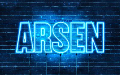 Arsen, 4k, wallpapers with names, Arsen name, blue neon lights, Happy Birthday Arsen, popular kazakh male names, picture with Arsen name