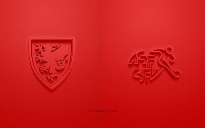 Galles vs Svizzera, UEFA Euro 2020, Gruppo A, loghi 3D, sfondo rosso, Euro 2020, partita di calcio, squadra nazionale di calcio Svizzera, squadra nazionale di calcio del Galles