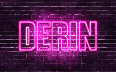 Derin, 4k, bakgrundsbilder med namn, kvinnliga namn, Derin namn, lila neonljus, Grattis p&#229; f&#246;delsedagen Derin, popul&#228;ra turkiska kvinnliga namn, bild med Derin namn