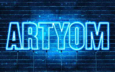 Artyom, 4k, sfondi con nomi, nome Artyom, luci al neon blu, buon compleanno Artyom, nomi maschili kazaki popolari, immagine con nome Artyom