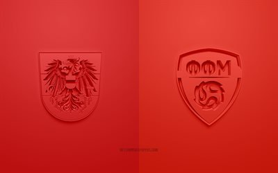 Austria vs Macedonia del Nord, UEFA Euro 2020, Gruppo C, loghi 3D, sfondo rosso, Euro 2020, partita di calcio, Squadra nazionale di calcio austriaca, Squadra nazionale di calcio della Macedonia del Nord