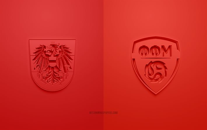 Austria vs North Macedonia, UEFA Euro 2020, Group C, 3D logos, red background, Euro 2020, football match, Austria national football team, North Macedonia national football team