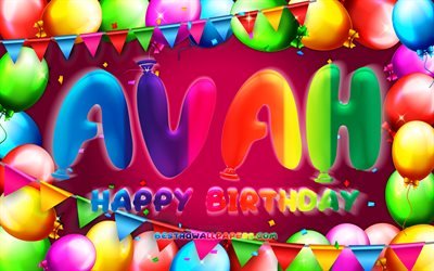 Buon compleanno Avah, 4k, cornice palloncino colorato, nome Avah, sfondo viola, buon compleanno Avah, compleanno Avah, nomi femminili americani popolari, concetto di compleanno, Avah