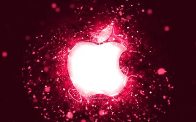 apple rosa logo, 4k, rosa neonlichter, kreativ, rosa abstrakter hintergrund, apple logo, marken, apple