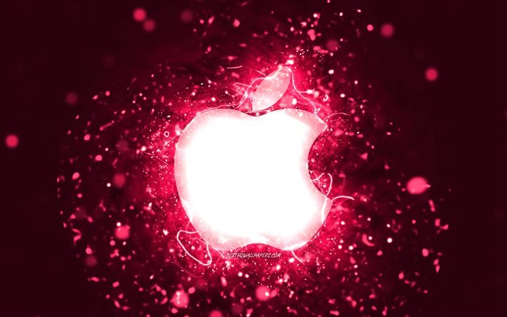 Logotipo rosa da Apple, 4k, luzes de n&#233;on rosa, criativo, fundo abstrato rosa, logotipo da Apple, marcas, Apple