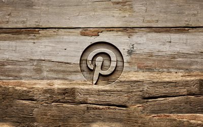 Pinterest wooden logo, 4K, wooden backgrounds, social network, Pinterest logo, creative, wood carving, Pinterest
