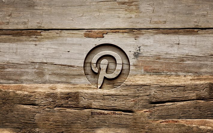 Logo en bois Pinterest, 4K, arri&#232;re-plans en bois, r&#233;seau social, logo Pinterest, cr&#233;atif, sculpture sur bois, Pinterest
