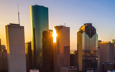 Houston, sabah, g&#252;ndoğumu, g&#246;kdelenler, modern binalar, Houston şehir manzarası, Texas, USA