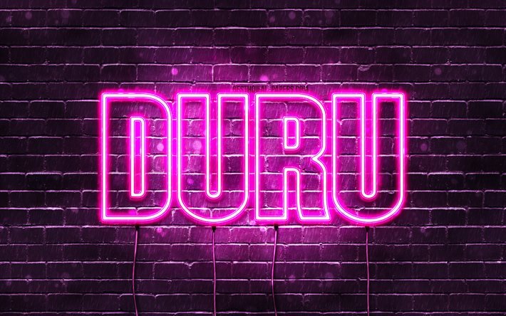 Duru, 4k, pap&#233;is de parede com nomes, nomes femininos, nome Duru, luzes de n&#233;on roxas, Feliz Anivers&#225;rio Duru, nomes femininos turcos populares, foto com o nome Duru