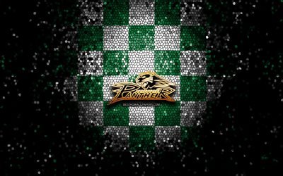 Augsburger Panther, glitter logo, DEL, green white checkered background, hockey, german hockey team, Augsburger Panther logo, mosaic art, Deutsche Eishockey Liga, german hockey league