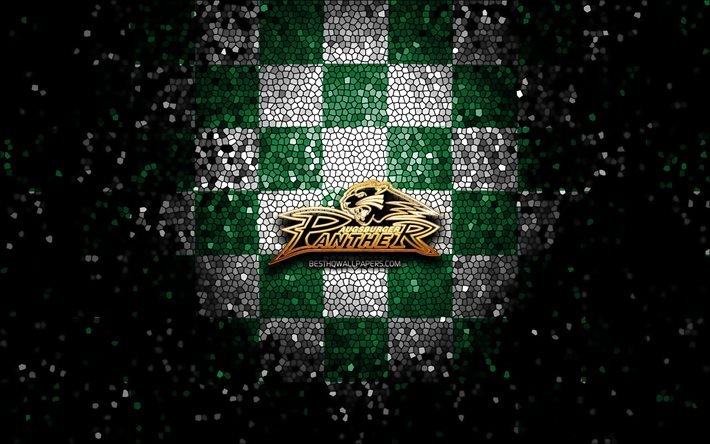 Augsburger Panther, logo glitter, DEL, sfondo verde a scacchi bianchi, hockey, squadra tedesca di hockey, logo Augsburger Panther, arte del mosaico, Deutsche Eishockey Liga, campionato tedesco di hockey