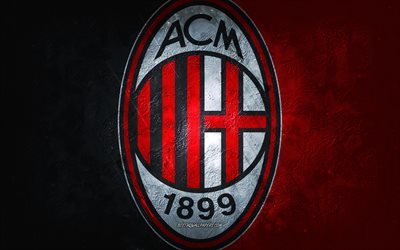 AC Milan, squadra di calcio italiana, sfondo rosso, logo AC Milan, arte grunge, Serie A, calcio, Italia, emblema AC Milan