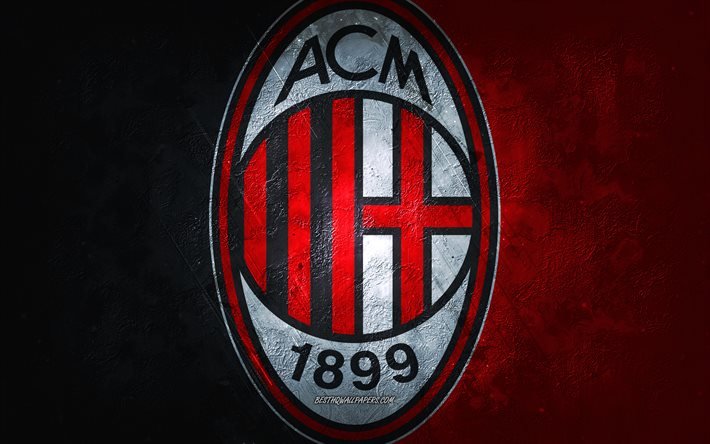 AC Milan, italienskt fotbollslag, r&#246;d bakgrund, AC Milan-logotyp, grunge konst, Serie A, fotboll, Italien, AC Milan emblem