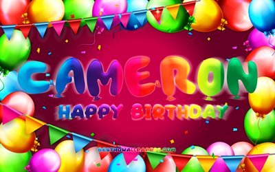 お誕生日おめでとうキャメロン, 4k, カラフルなバルーンフレーム, キャメロン名, 紫の背景, キャメロンお誕生日おめでとう, キャメロンの誕生日, 人気のアメリカ人女性の名前, 誕生日のコンセプト, キャメロン