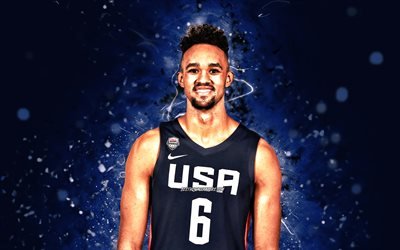 Derrick White, 4k, USA Basketball Mens National Team, bl&#229; neonljus, basket, US mens basketboll, kreativt, Derrick White 4K