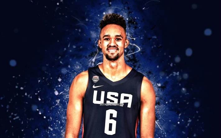 Derrick White, 4K, USA Basketball Mens National Team, luci al neon blu, basket, squadra nazionale di basket maschile degli Stati Uniti, creativo, Derrick White 4K