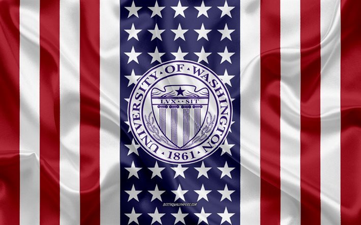 Emblema dell&#39;Universit&#224; di Washington, bandiera americana, logo dell&#39;Universit&#224; di Washington, Washington, USA, Universit&#224; di Washington