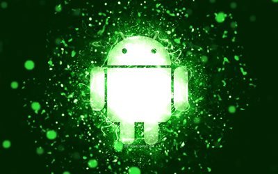 Logo verde Android, 4K, luci al neon verdi, creativo, sfondo astratto verde, logo Android, OS, Android